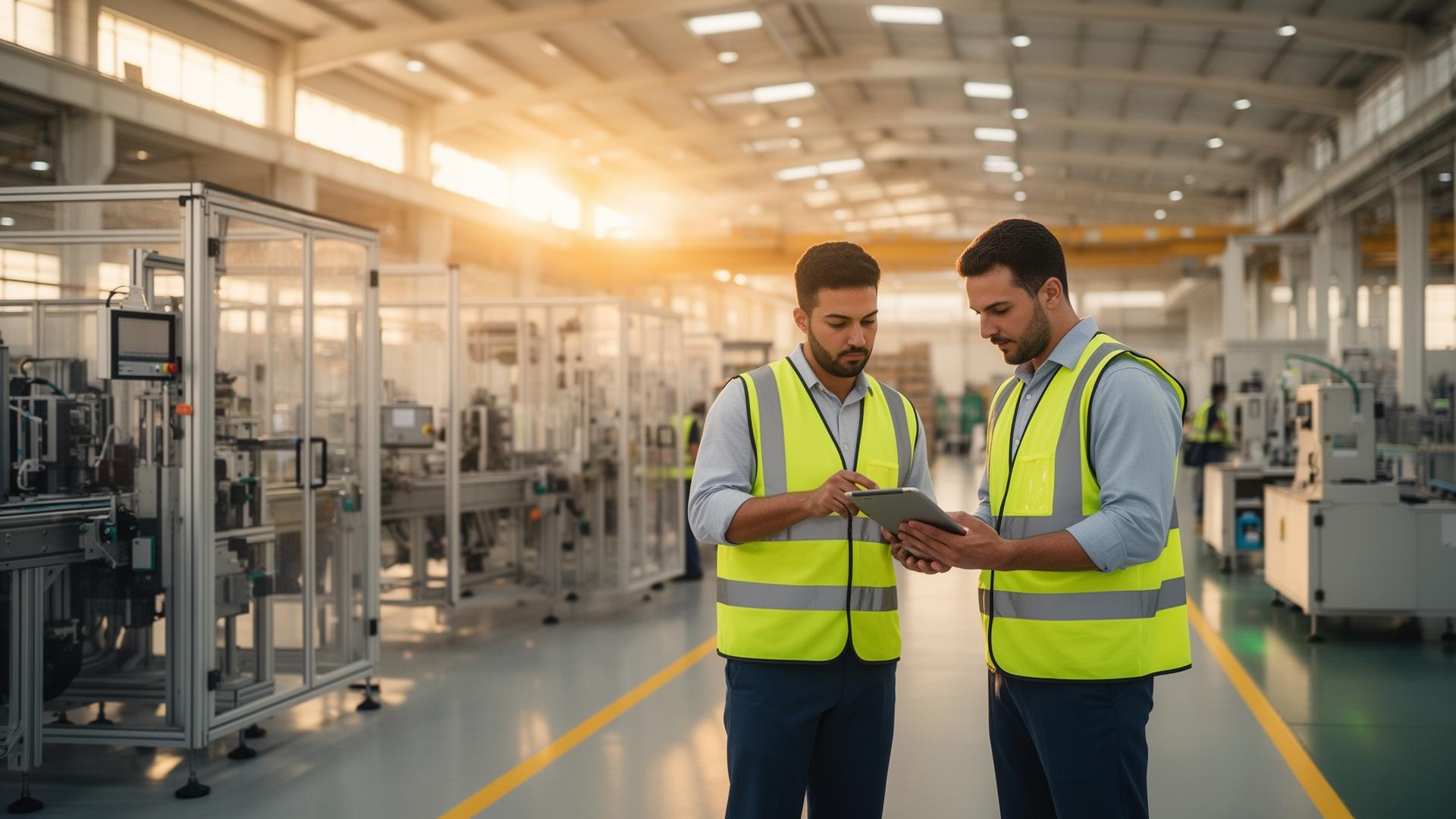 Engenheiros analisando dados em indústria moderna brasileira